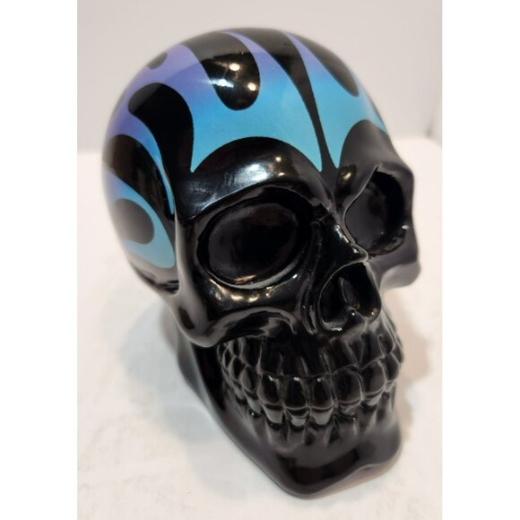 Flaming Skull Plastic Piggy Bank Blue Purple Black w/ Stopper Halloween Decor - Picture 10 of 15